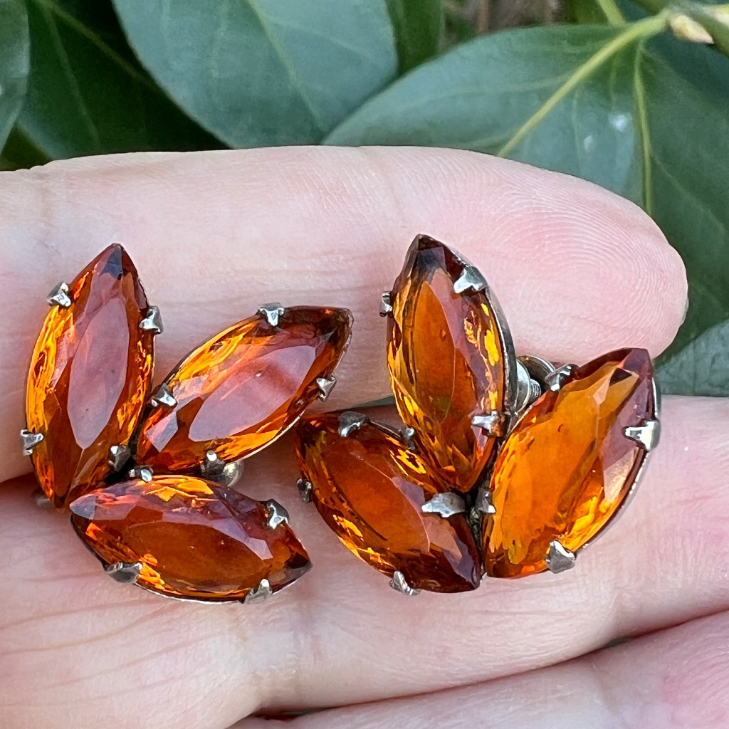 Vintage Sterling Silver Citrine Honey Color Paste Glass Leaves Design Earrings